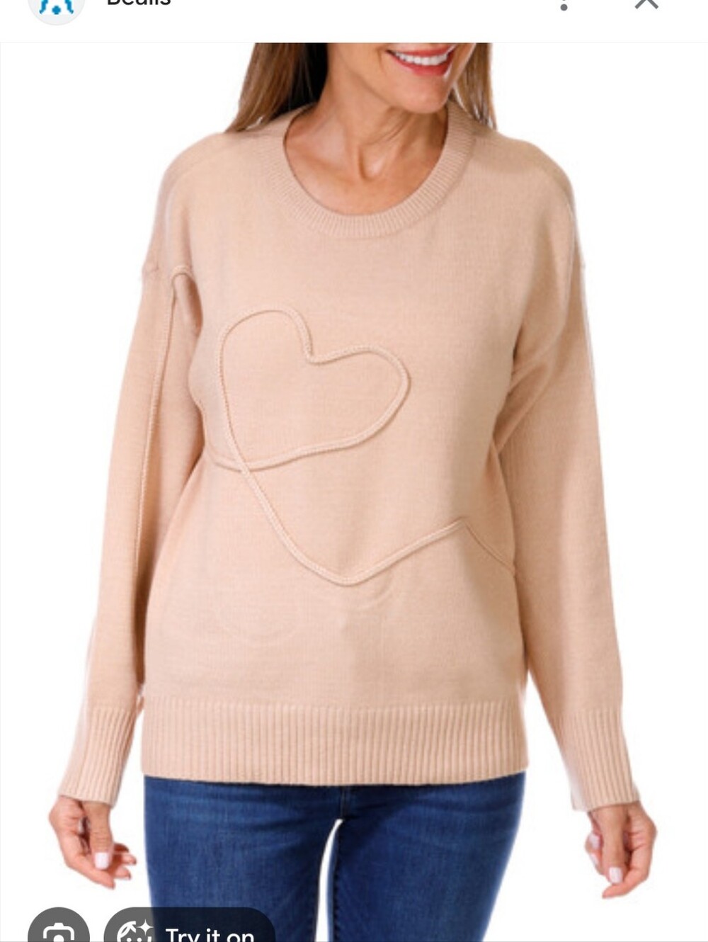 kathy ireland Beige Crewneck Sweater with Raised Heart Detail Size Medium